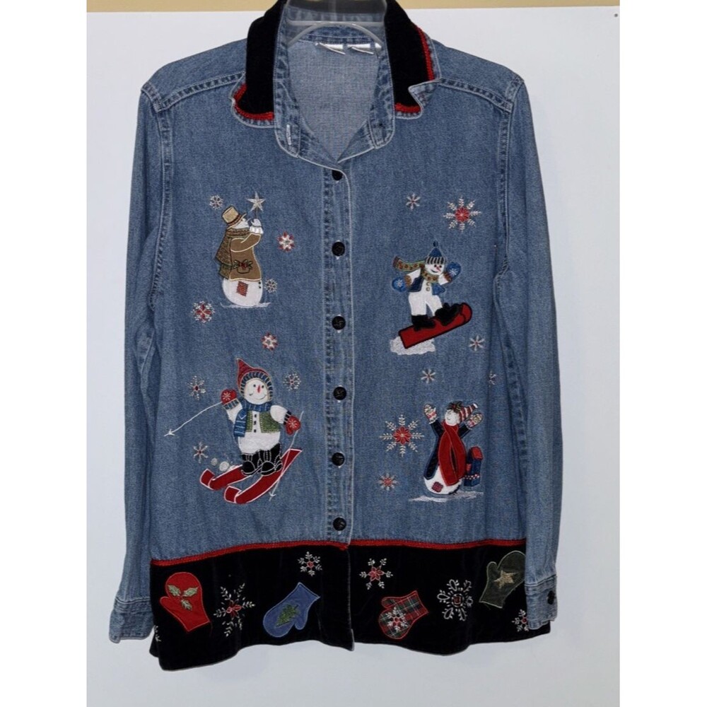 Quizz Again Blue Jean Women Lg Christmas Embroidered Snowmen Shirt EUC Chest 44"